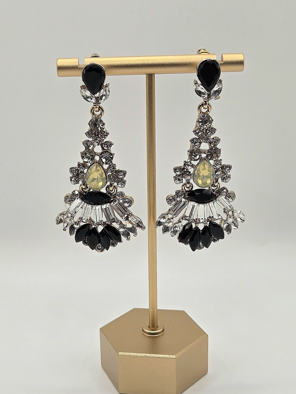 Vintage Statement Crystal Chandelier Earrings – Black, Clear & Opalescent